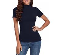Totatuit Damen T-Shirt Kurzarm Gerippt Slim Fit Oberteile Elegant Basic Sommer Casual Stretch Rippshirt mit Stehkragen Rollkragenshirt Tops Dunkelblau L