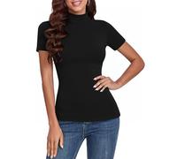 Totatuit Damen T-Shirt Kurzarm Gerippt Slim Fit Oberteile Elegant Basic Sommer Casual Stretch Rippshirt mit Stehkragen Rollkragenshirt Tops Schwarz XL