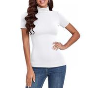 Totatuit Damen T-Shirt Stehkragen Shirt Rollkragen Kurzarm Top Basic Baumwolle Oberteile,Rippshirt Damen Kurzarm,Turtleneck Shirt für Frühling Herbst Winter Weiß L