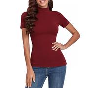 Totatuit Damen T-Shirt Stehkragen Shirt Rollkragen Kurzarm Top Basic Baumwolle Oberteile,Rippshirt Kurzarm Turtleneck Shirt für Frühling Herbst Winter Weinrot M