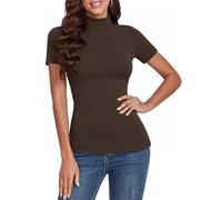 Totatuit Damen T-Shirt Stehkragen Shirt Rollkragen Kurzarm Top Basic Baumwolle Oberteile, Rippshirt Kurzarm,Turtleneck Shirt für Frühling Herbst Winter Braun XL