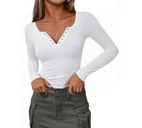 Totatuit Langarmshirt Damen mit V-Ausschnitt Elegant T-Shirt Langarm Dünn Slim Fit Oberteile Rippshirt Basic Top Weiß XXL