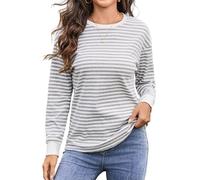 Totatuit Pullover Damen Langarmshirt Gestreiftes Sweatshirt Damen Rundhals Baumwolle Oberteile Baumwolle Casual Stricken Pulli Grau XXL