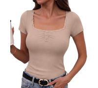 Totatuit T Shirt Damen Kurzarm Quadratischer Ausschnitt Sommer S-XXL | Elegant Stretch Oberteile,Feine Rippstruktur, Spitzenkante, Drei Knöpfe, Figurbetonte Silhouette, für Y2K Looks Alltag Urlaub