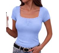 Totatuit T Shirt Damen Kurzarm Quadratischer Ausschnitt Sommer S-XXL | Elegant Stretch Oberteile,Feine Rippstruktur, Spitzenkante, Drei Knöpfe, Figurbetonte Silhouette, für Y2K Looks Alltag Urlaub