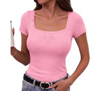 Totatuit T Shirt Damen Kurzarm Quadratischer Ausschnitt Sommer S-XXL | Elegant Stretch Oberteile,Feine Rippstruktur, Spitzenkante, Drei Knöpfe, Figurbetonte Silhouette, für Y2K Looks Alltag Urlaub