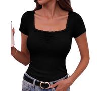 Totatuit T Shirt Damen Kurzarm Quadratischer Ausschnitt Sommer S-XXL | Elegant Stretch Oberteile,Feine Rippstruktur, Spitzenkante, Drei Knöpfe, Figurbetonte Silhouette, für Y2K Looks Alltag Urlaub