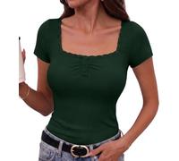 Totatuit T Shirt Damen Kurzarm Quadratischer Ausschnitt Sommer S-XXL | Elegant Stretch Oberteile,Feine Rippstruktur, Spitzenkante, Drei Knöpfe, Figurbetonte Silhouette, für Y2K Looks Alltag Urlaub