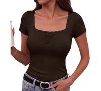 Totatuit T Shirt Damen Kurzarm Quadratischer Ausschnitt Sommer S-XXL | Elegant Stretch Oberteile,Feine Rippstruktur, Spitzenkante, Drei Knöpfe, Figurbetonte Silhouette, für Y2K Looks Alltag Urlaub