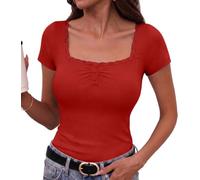 Totatuit T Shirt Damen Kurzarm Quadratischer Ausschnitt Sommer S-XXL | Elegant Stretch Oberteile,Feine Rippstruktur, Spitzenkante, Drei Knöpfe, Figurbetonte Silhouette, für Y2K Looks Alltag Urlaub