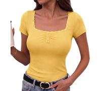 Totatuit T Shirt Damen Kurzarm Quadratischer Ausschnitt Sommer S-XXL | Elegant Stretch Oberteile,Feine Rippstruktur, Spitzenkante, Drei Knöpfe, Figurbetonte Silhouette, für Y2K Looks Alltag Urlaub