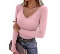 Totatuit T-Shirt Damen Langarm V Ausschnitt Shirt Slim Fit Geripptes Oberteil Stretch Baumwolle Basic Pullover Tops Rosa XXL