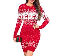 Totatuit Weihnachtskleid Damen Elegantes Strickkleid mit Schneeflocken und Rentier Langarm für Weihnachten und Silvester Party Rote-Schneeflocken L
