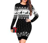 Totatuit Weihnachtskleid Damen Elegantes Strickkleid mit Schneeflocken und Rentier Langarm für Weihnachten und Silvester Party Schwarze-Schneeflocken L