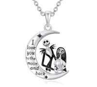 TOUPOP Nightmare Before Christmas Halskette, "I Love You To The Moon And Back", Jack und Sally Anhänger, Silberner Halbmond-Anhänger, Valentinstagsgeschenk, Eine Größe, Sterling Silber, Zirkonia