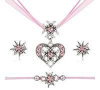 TOWLEING 4 Stück Trachtenschmuck Damen Edelweiß Trachtenkette Armband Ohrstecker Dirndl Schmuck Elegantes Dirndl Schmuck Damen für Dirndl oder Lederhose Hochwertiges Trachtenschmuck Set