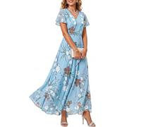 Townshine - Langes Damenkleid aus Chiffon mit kurzen Ã„rmeln, Volants und V-Ausschnitt, Strandkleid mit voller Röcke, elegantes Kleid, Blau, M