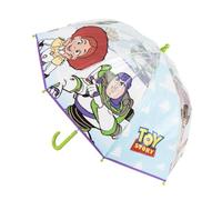 Disney Pixar Toy Story Kinder-Regenschirm für Jungen und Mädchen, transparent, 45 cm, von POE mit Buzz Lightyear, Woody und Jessie, gebogener Griff, Grün, ideal für Regen und Schule