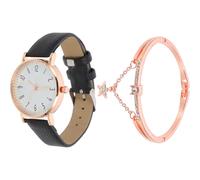 TOYANDONA Damen Quarz Armbanduhr Satz mit Schwarzem Lederarmband Modische Analoge Freizeituhr und Elegantes Damenarmband Bequem Tragbar für Büro und Alltag