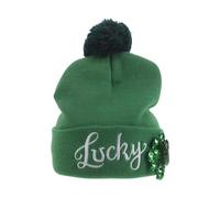 TOYANDONA Strickmütze mit Grüner Kleeblattstickerei und Pailletten Festliche St Patrick's Day Mütze für Damen Herren Weiche Winter Beanie mit Umschlag für Irische Partys