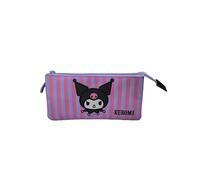 TOYBAGS Kuromi Federmäppchen mit 3 Fächern, Reißverschluss, innen komplett gefüttert und personalisierbar, Federmäppchen mit 3 Fächern, 11,5 x 23,5 x 3 cm, bunt, Dreifach-Schulmäppchen
