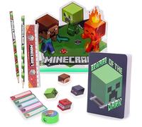 Toyland® Minecraft Federmäppchen - Inhalt: 1x Notizbuch, 2X Bleistifte, 4X Radiergummis mit Motiven, 1x Anspitzer, 1x Lineal & 125x Haftnotizen - Schul-Schreibset - Zeichenbedarf für unterwegs