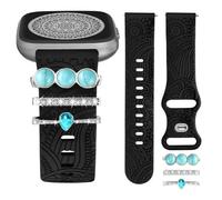 TOYOUTHS Floral Gravierte Armband mit Dekorative Charme kompatibel mit Fitbit Versa 2/Fitbit Versa/Versa Lite Armband Damen Boho Sport Silikon Armbänder mit Dressy Ring Loop, Schwarz/Türkissteine