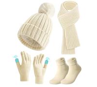 TOYTOPIE Schal Mütze Handschuhe Set Damen, 4pcs Gestrickt Mütze Schal Set mit Touchscreen Handschuhe Baumwoll Socken, Super Weiche Und Warme Beanie Ski Geschenkset für Frauen Outdoor Sports