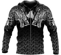 TQWSVUM Herren Nordische Mythologie Vintage Fenris Wolf Hoodie, Viking Triple Horn of Odin 3D Druck Pullover Mit Reißverschluss, Spring Cool Langarm Streetwear Freizeitjacke