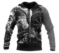 TQWSVUM Herren Viking Helm of Ehrfurcht Bedruckter Zip-Hoodie-Pullover,Nordische Mythologie Vintage Langarm Sweatshirt,Outdoor Sportbekleidung Mit Großen Taschen Und Kordelzug