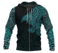 TQWSVUM Herren Viking Rune Odin Crow Printed Full Zip Hoodie, Nordischer Mythos Mjolnir Thors Hammer Tattoos Pullover Jacke, Unisex Mittelalterliche Vintage Langarm Sweatshirts
