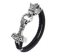 TQWSVUM Herren Viking Thor's Hammer Mjolnir Wolfskopf Lederarmband, Nordic Mythology Edelstahl Fenrir Celtic Knoten Amulett, Doppelschicht Schwarz Geflochtene Seilmanschette Armreif