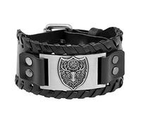 TQWSVUM Herren Wikinger Kompass Hirschkopf Schild Lederarmband, Handgemachte Verstellbare Schnalle Geflochtenes Seil Breites Armband, Nordic Vintage Hip Hop Tierschmuck(Silver)