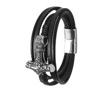 TQWSVUM Herren Wikinger Mjolnir Lederarmband - Nordischer Vintage Mehrschichtiger Geflochtener Odin Thors Hammer Armreif Aus Edelstahl - Wirstband Armbänder Mit Schnalle Und Verschluss(Silver_21CM)