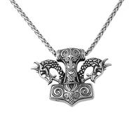 TQWSVUM Herren Wikinger Odin Thor's Hammer Anhänger Halskette - Nordische Edelstahl Mjolnir Doppelter Drachenkopf Tieramulett - Hip Hop Street Rock Pullover Schlüsselbein Ketten Schmuck