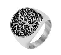 TQWSVUM Keltischer Lebensbaum Siegelring Für Herren - Nordische Mythologie Wikinger Yggdrasil Edelstahlring - 18 Karat Vergoldeter Vintage Runder Lebensbaum Ring Schutz Amulett Schmuck(Silver_12)