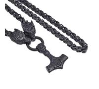 TQWSVUM Männer Wikinger Thor's Hammer Rabenkopf Anhänger Halskette - Nordische Mythologie Odin Mjolnir Edelstahl Wolfskopf Königskette - Handgefertigter Vintage Tieramulett Schmuck