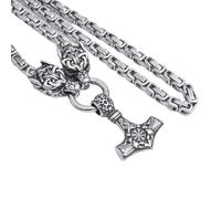 TQWSVUM Männer Wikinger Thor's Hammer Rabenkopf Anhänger Halskette - Nordische Mythologie Odin Mjolnir Edelstahl Wolfskopf Königskette - Handgefertigter Vintage Tieramulett Schmuck