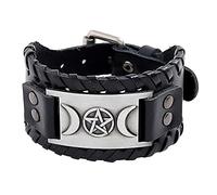 TQWSVUM Nordic Viking Moon Pentagramm Amulett Lederarmband, Herren Verstellbare Schnalle Leder Geflochtenes Seil Armband, Mittelalter Gothic Style Keltischen Heidnischen Schmuck(Silver)