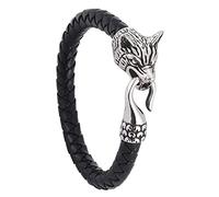 TQWSVUM Nordic Viking Odin Wolf Geflochtene Lederarmbänder, Männer Edelstahl Wolfskopf Schnalle Manschettenarmband, Gothic Punk Hip Hop Mittelalterlicher Religiöser Talisman Schmuck(Black,23CM)