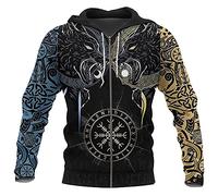 TQWSVUM Nordische Mythologie Herren Full Zip Hoodie Jacke, Viking Rune Odin Wolf Fenrir Tattoos Sweatshirt, Plus Size Lose Harajuku Stil Langarm Hoodie Pullover