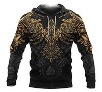 TQWSVUM Nordische Mythologie Oversized Kapuzenpullover Mit Reißverschluss Sweatshirts - Viking Fenrir Casual Jacken Mit Kordelzug Für Herren - Mittelalterlicher Gothic Pullover Mit Krähendruck