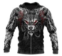TQWSVUM Nordische Mythologie Oversized Kapuzenpullover Mit Reißverschluss Sweatshirts - Viking Fenrir Casual Jacken Mit Kordelzug Für Herren - Mittelalterlicher Gothic Pullover Mit Krähendruck