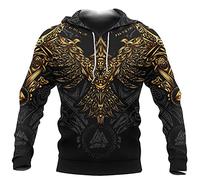 TQWSVUM Nordische Mythologie Viking Odin Raven Tattoos Pullover Hoodie, Herren Celtic Knot Crow Print Full-Zip Kapuzenpulli, Gothic Mittelalter Vintage Plus Size Streetwear