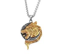 TQWSVUM Nordische Wikinger-Wolfskopf-Halskette Für Männer -Edelstahl Fenrir Kopf Anhänger Amulett - Mode Vintage Odin Wolf Sonne Tierschutz Schmuck