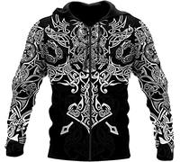 TQWSVUM Nordischer Mythologie Wikinger Hoodie Für Männer,Jahrgang Odin Schädel Thors Hammer 3D Gedruckt Zip Up Sweatshirt, Frühlingsmode Keltischer Knoten Mjolnir Jacke Pullover