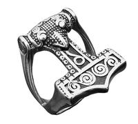 TQWSVUM Nordischer Wikinger Mjölnir Ring -Männer Frauen Odin Rabenkopf Thors Hammer Edelstahl Ring -Handgefertigter Polierter Schwermetall Vintage Mode Tier Amulett Schmuck(Silver_11)