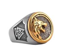 TQWSVUM Nordischer Wikinger Wolf Ring Für Männer - Edelstahl Zweifarbiger Wolfskopf Valknut Siegelring - Mode Hip Hop Straße Vintage Odin Fenrir Tierring Isländischer Schmuck(09)