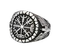 TQWSVUM Vegvisir Ring Für Männer Frauen - Wikinger Kompass Krähe Edelstahl Ring - Nordic Odin Doppel Rabe Tier Amulett Piraten Ring Mode Biker Pagan Schmuck(Silver_12)