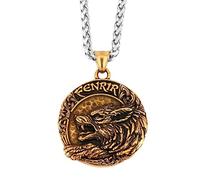 TQWSVUM Wikinger Fenrir Wolf Halskette Für Herren - Nordic Odin Keltischer Knoten Wolfskopf Zweifarbiger Edelstahlanhänger -Coole Vintage Tier Amulett Schmuck Accessoires Geburtstagsgeschenk(Gold)